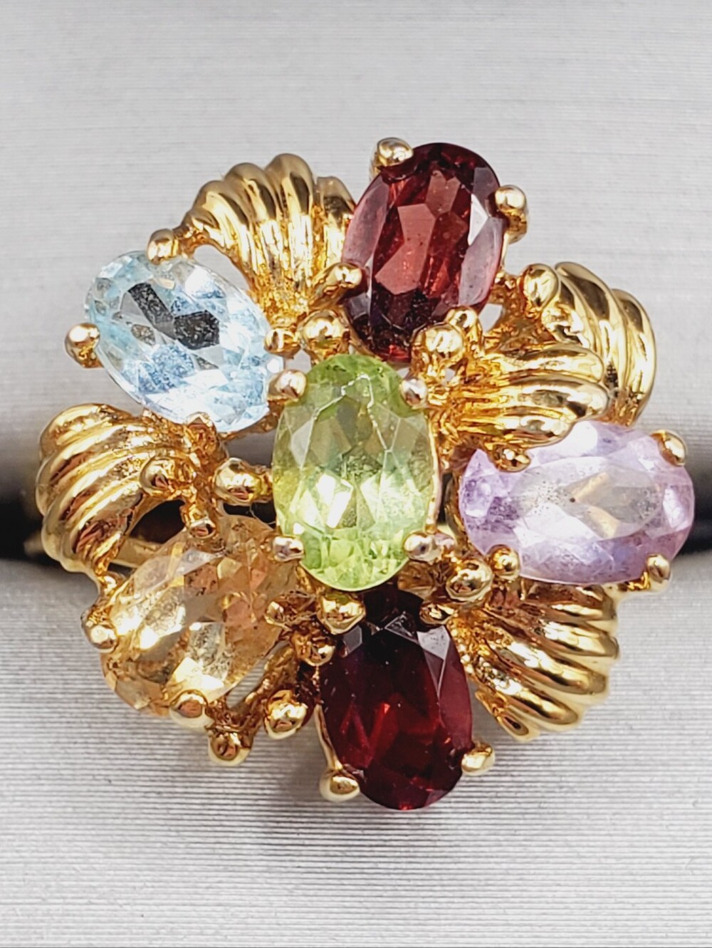 Oval Multi Gemstone Yellow Gold - 925 Sterling Silver Cluster Ring